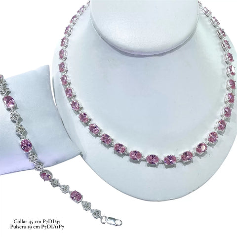 SET JUEGO DE COLLAR Y PULSERA CIRCONIA OVALADA ROSA - PLATA .925