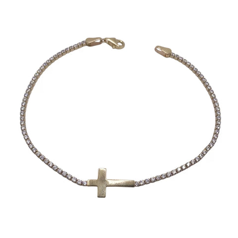PULSERA TIPO TENNIS CON CRUZ TRANSVERSAL - ORO 10K