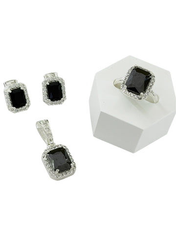 SET / JUEGO 3 PZAS - HALO RECTANGULAR  - NEGRO - PLATA .925