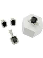 SET / JUEGO 3 PZAS - HALO RECTANGULAR  - NEGRO - PLATA .925