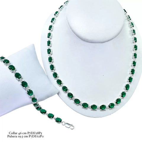 SET JUEGO DE COLLAR Y PULSERA CIRCONIA OVALADA VERDE - PLATA .925
