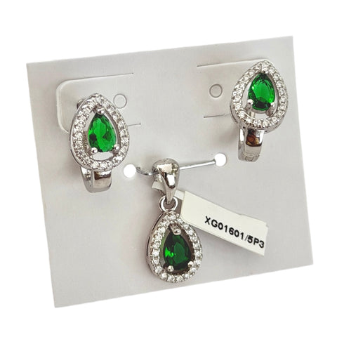 SET / JUEGO GOTA HALO AISLADO - VERDE - PLATA .925