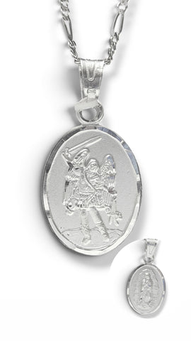 CADENA CON MEDALLA DOBLE VISTA - ARCÁNGEL MIGUE + VIRGEN GUADALUPE - PLATA .925