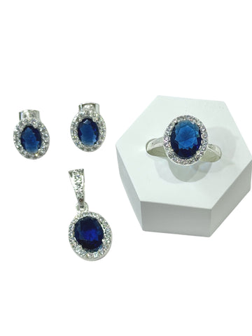 SET / JUEGO 3 PZAS - HALO OVALADO - AZUL - PLATA .925