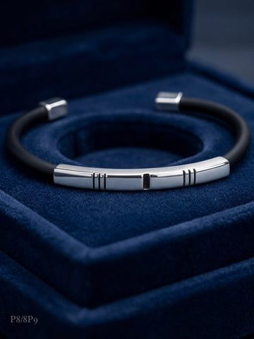 BRAZALETE CAUCHO PLACA LÍNEAS  - PLATA .925