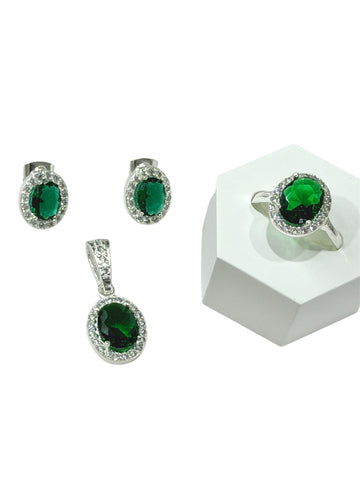 SET / JUEGO 3 PZAS - HALO OVALADO - VERDE - PLATA .925