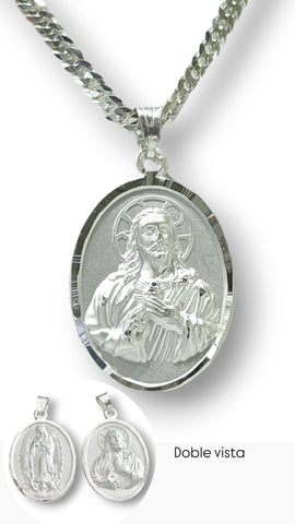 CADENA CON MEDALLA DOBLE VISTA VIRGEN DE GUADALUPE/SAGRADO CORAZON - MATE - PLATA .925