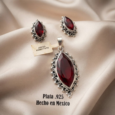 SET JUEGO ZIRCONIA GUINDA FORMA SEMILLA CON MARGEN PAVONADO - PLATA .925
