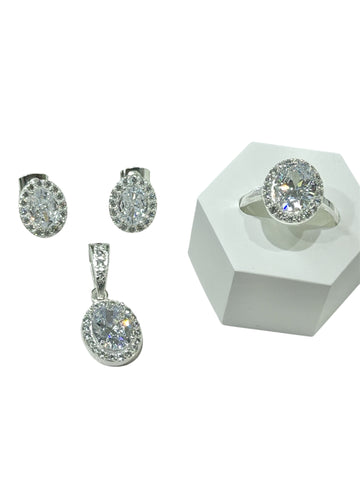 SET / JUEGO 3 PZAS - HALO OVALADO  - BLANCO - PLATA .925