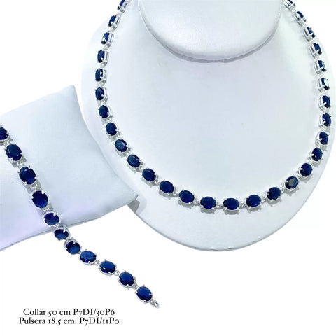 SET JUEGO DE COLLAR Y PULSERA CIRCONIA OVALADA AZUL - PLATA .925