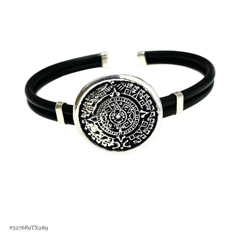 BRAZALETE CAUCHO CALENDARIO AZTECA - PLATA .925
