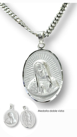 CADENA CON MEDALLA DOBLE VISTA VIRGEN DE GUADALUPE - MATE - PLATA .925
