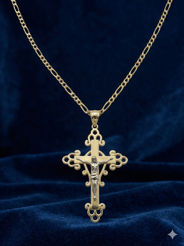 CADENA FÍGARO CART 3x1 CON CRISTO VINTAGE - 55 CM - ORO 10K