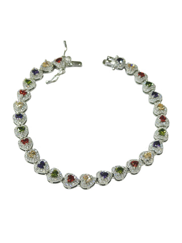 PULSERA CORAZONES ZIRCONIA COLORES - PLATA .925