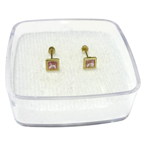 BROQUEL ZIRCONIA ROSA CUADRO BISELADO ORO 10K