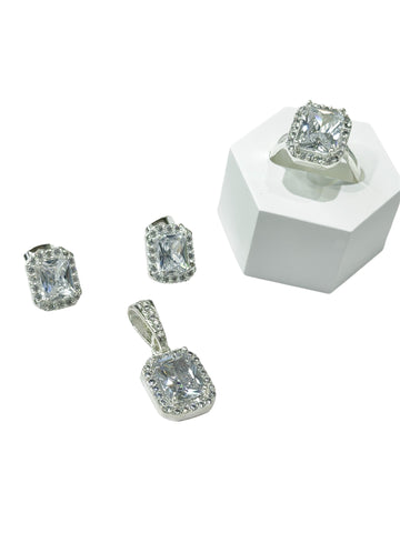SET / JUEGO 3 PZAS - HALO RECTANGULAR  - BLANCO - PLATA .925