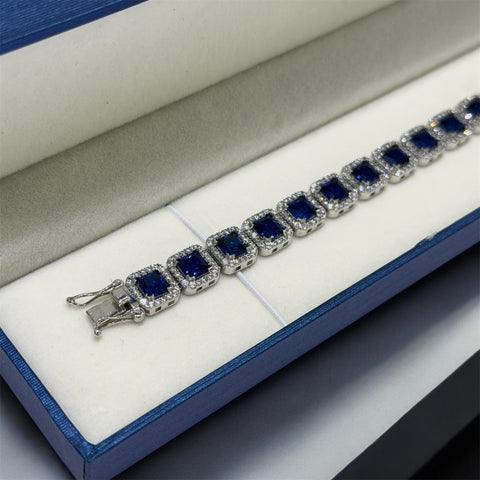 PULSERA CUADROS ZIRCONIA AZUL CONTORNO BLANCO / ORO BLANCO - ORO 10K