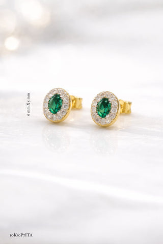 ARETE HALO OVALADO ZIRCONIA VERDE - 6 mm x 5 mm - ORO 10K