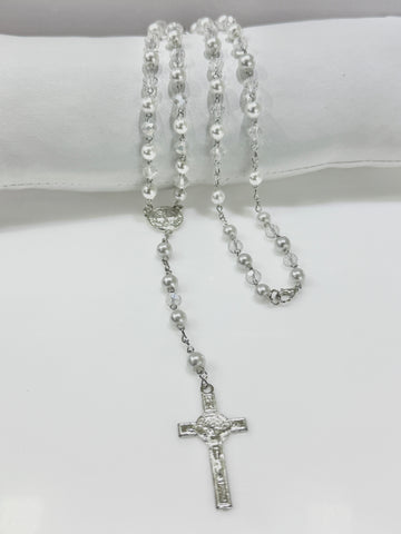 ROSARIO CRISTAL CON PERLA - PLATEADO