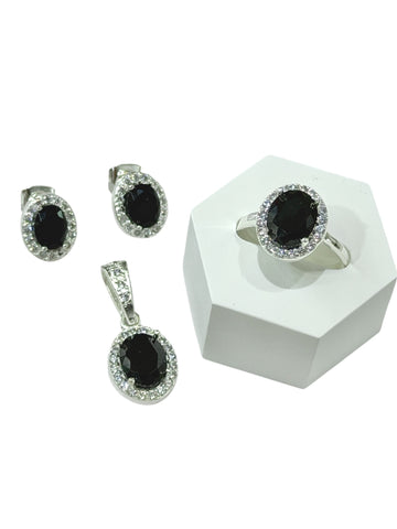 SET / JUEGO 3 PZAS - HALO OVALADO - NEGRO - PLATA .925