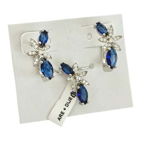 SET / JUEGO FLOR CON HOJAS LINEAL - AZUL - PLATA .925