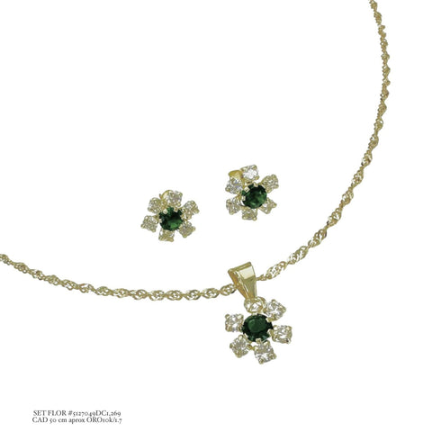 SET FLOR MINI ZIRCONIA CON CADENA SINGAPUR - ORO 10K