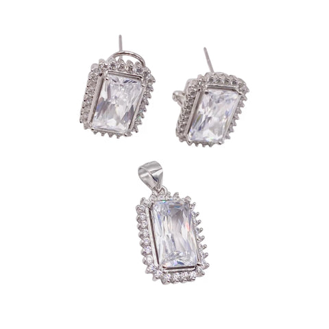 SET JUEGO RECTÁNGULO ZIRCONIA CENTRAL GRANDE - PLATA .925