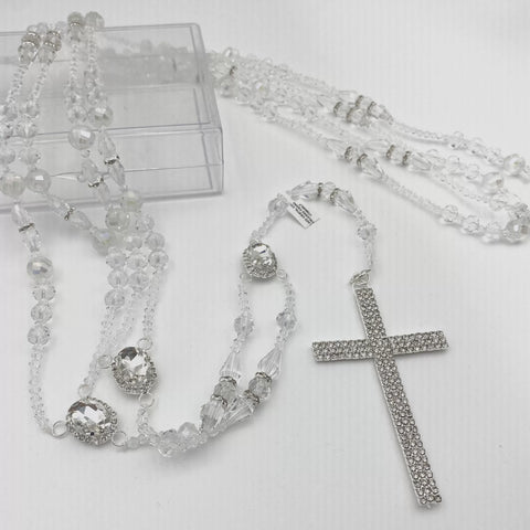 LAZO PLATEADO - CRISTAL CON PIEDRA ELEGANTE EN CRUCERO - SIN IMAGEN RELIGIOSA