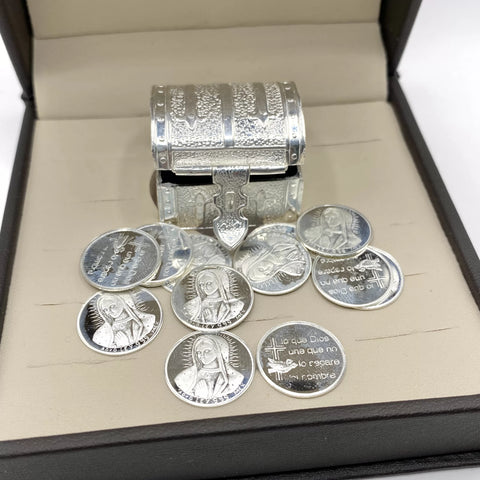 ESTUCHE 2 - ARRAS CH + COFRE + CAJA - PLATA .925 - VIRGEN GPE MEDIO CUERPO