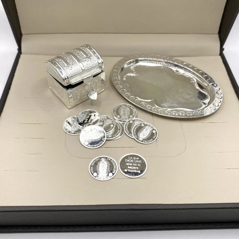 ESTUCHE 3 - ARRAS CH + COFRE + CHAROLA + CAJA - PLATA .925 - VIRGEN GPE CUERPO COMPLETO