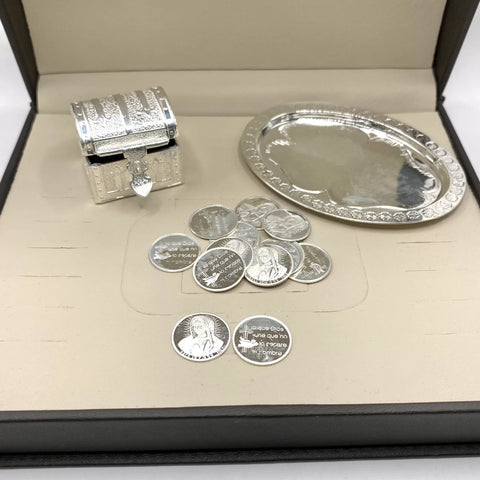 ESTUCHE 3 - ARRAS CH + COFRE + CHAROLA + CAJA - PLATA .925 - VIRGEN GPE MEDIO CUERPO