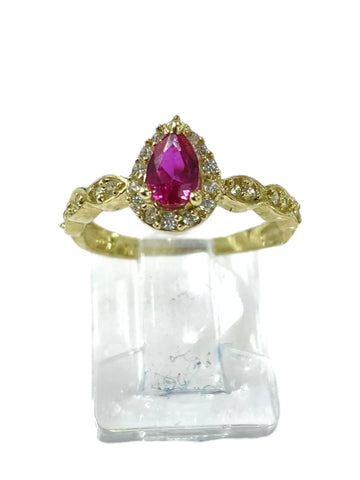 ANILLO ZIRCONIA GOTA GUINDA ONDAS LATERAL - ORO 10K