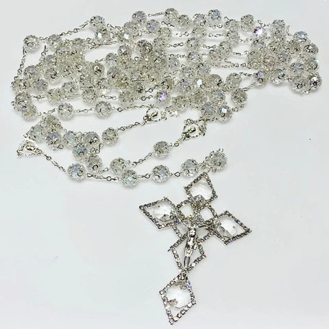 LAZO CRISTAL CON CASQUILLA CRUZ ROMBOS - PLATEADO