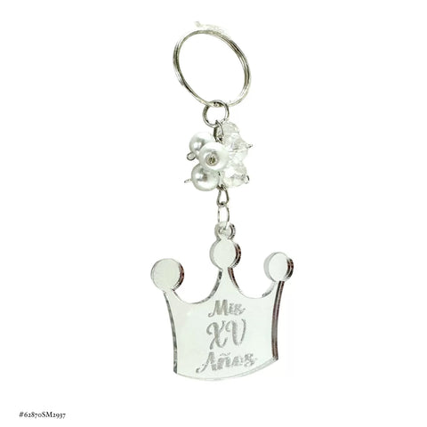 LLAVERO CORONA 15 AÑOS ACRILICO ESPEJO - RECUERDOS PARA 15 AÑOS - PLATEADO