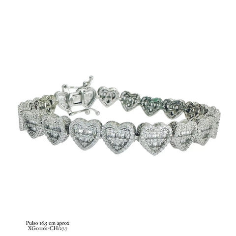 PULSO CORAZONES 3D ZIRCONIA 18 cm - PLATA .925