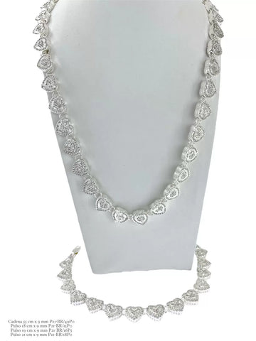 SET JUEGO DE CADENA Y PULSO CORAZONES ZIRCONIA - PLATA .925