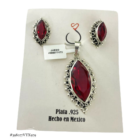 SET JUEGO ZIRCONIA GUINDA FORMA SEMILLA CON MARGEN PAVONADO - PLATA .925