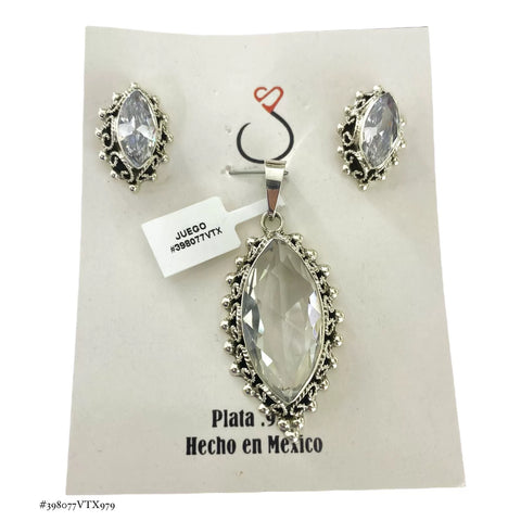 SET JUEGO ZIRCONIA FORMA SEMILLA CON MARGEN PAVONADO - PLATA .925