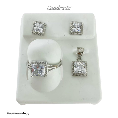 SET JUEGO CUADRO ZIRCONIA - 3 PIEZAS  - PLATA .925