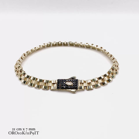 PULSO TIPO RLX CON BROCHE MONACX ZIRCONIA NEGRA - 21 cm x 7 mm - ORO 10K