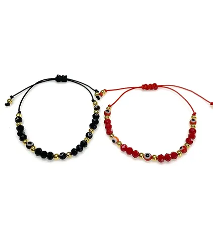 PULSERA CRISTAL COLOR ROJO / NEGRO CON OJITOS EN HILO