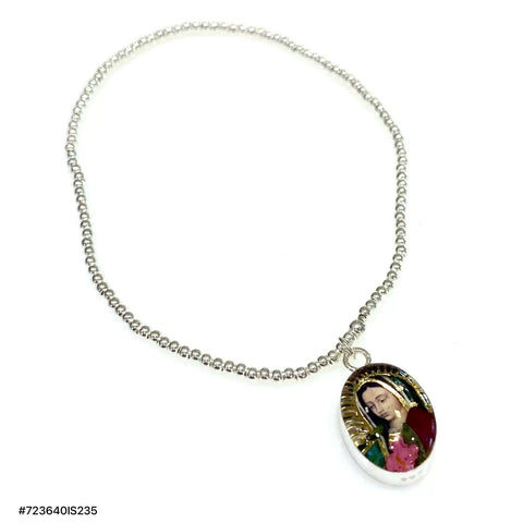PULSERA VIRGEN GPE. MEDALLA ENCAPSULADA BOLITAS PLATA EN ELASTICO - PLATA 925