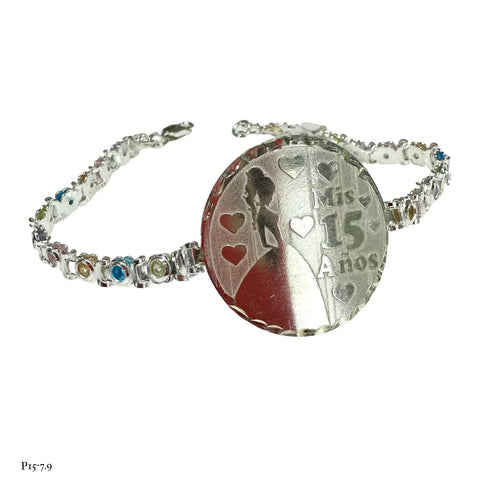 PULSERA 15 AÑOS CIRCULO LASER EXTENSIBLE PIEDRAS COLORES - PLATA .925
