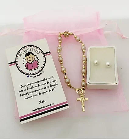 PULSERA PERLITAS CON BROQUEL DE PERLITAS CRISTAL