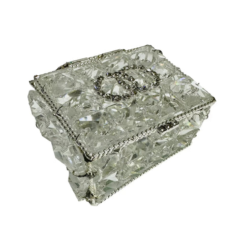 COFRE PARA ARRAS CON CRISTAL Y ANILLOS ENLAZADOS. - PLATEADO