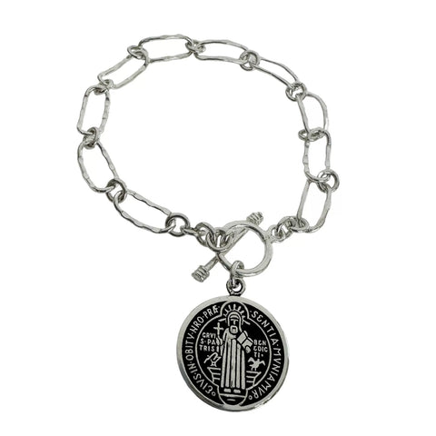 PULSERA CADENA CON MEDALLA SAN BENITO PAVONADA - PLATA .925