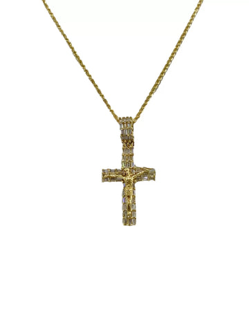 CADENA CON CRISTO ZIRCONIAS BAGUETTES CHICO -  ORO 10K