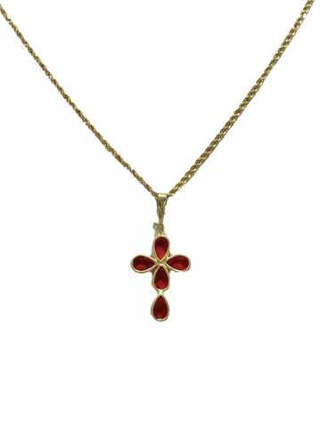 CADENA CON CRUZ ZIRCONIAS GOTAS ROJA GR -  ORO 10K