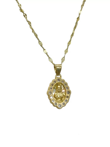 CADENA CON MEDALLA SAGRADO CORAZÓN OVAL CON CÍRCULOS ZIRCONIA -  ORO 10K