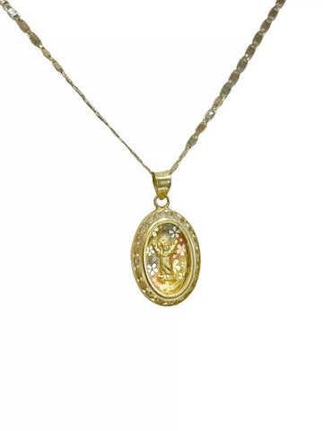 CADENA CON MEDALLA DIVINO NIÑO OVAL FONDO FLORENTINO -  ORO 10K